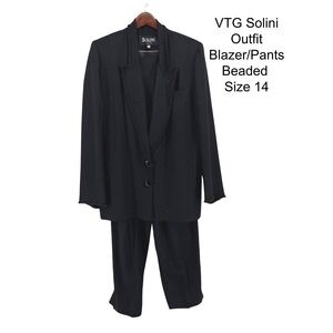 VTG Solini New York Vintage Beaded Rhinestone Pant Suit Black Size 14
